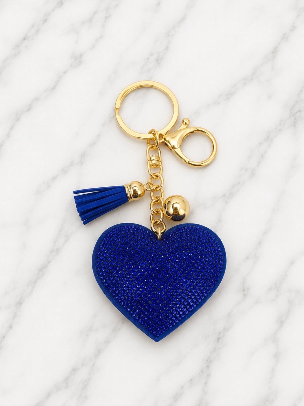Bag Charm/Keyring-Dark Blue Heart Rhinestone Charm with Tassel-Gold Hardware
